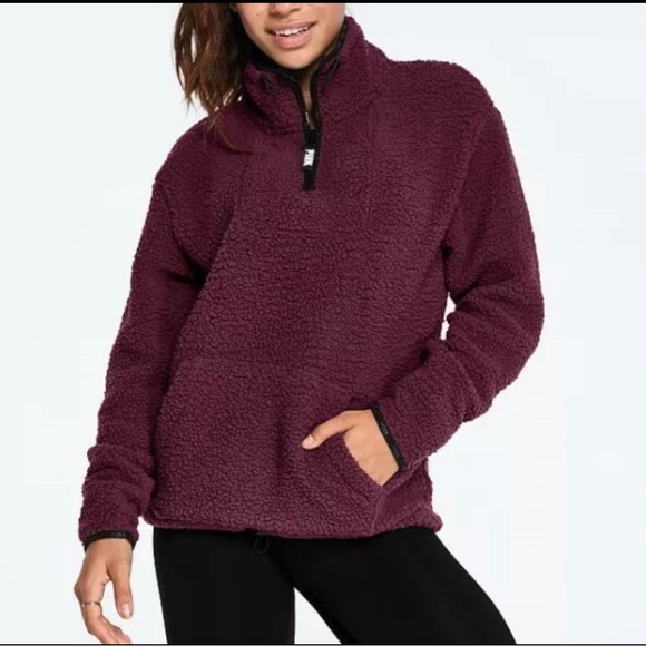 PINK Victoria's Secret Jackets & Blazers - Victoria Secret Pink Cozy Sherpa Pullover Quarter Zip Purple Plum
